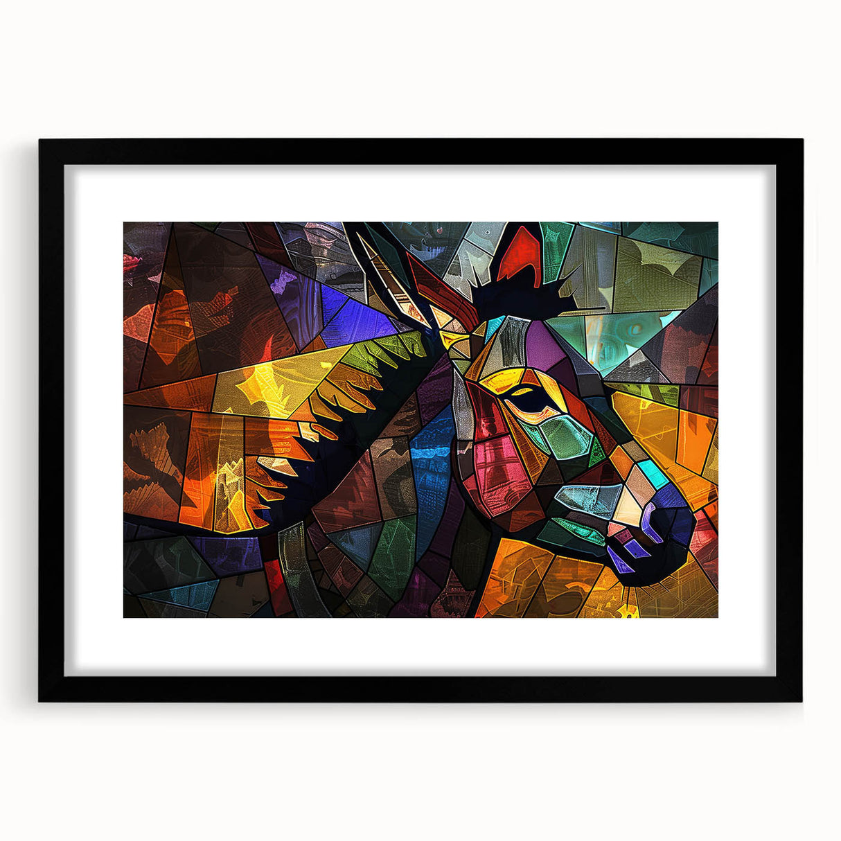Wall art featuring a black-framed donkey design, showcasing vibrant colors and intricate details, perfect for animal lovers and home decor enthusiasts.