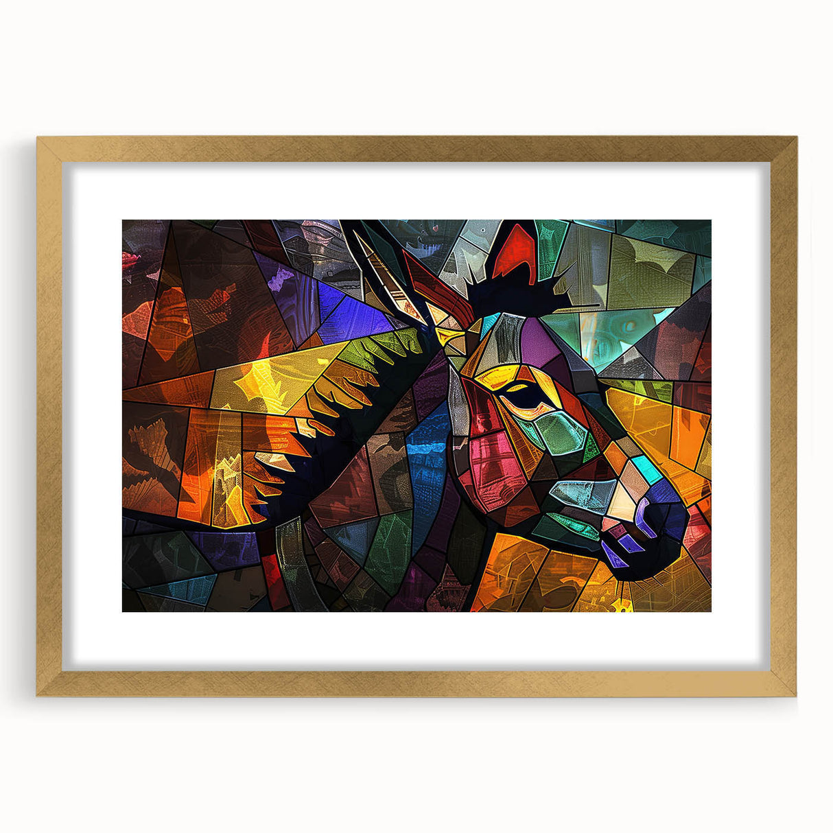 Framed wall art featuring a whimsical donkey design with a gold mat and frame, perfect for animal lovers and home decor enthusiasts, showcasing vibrant colors and playful details.