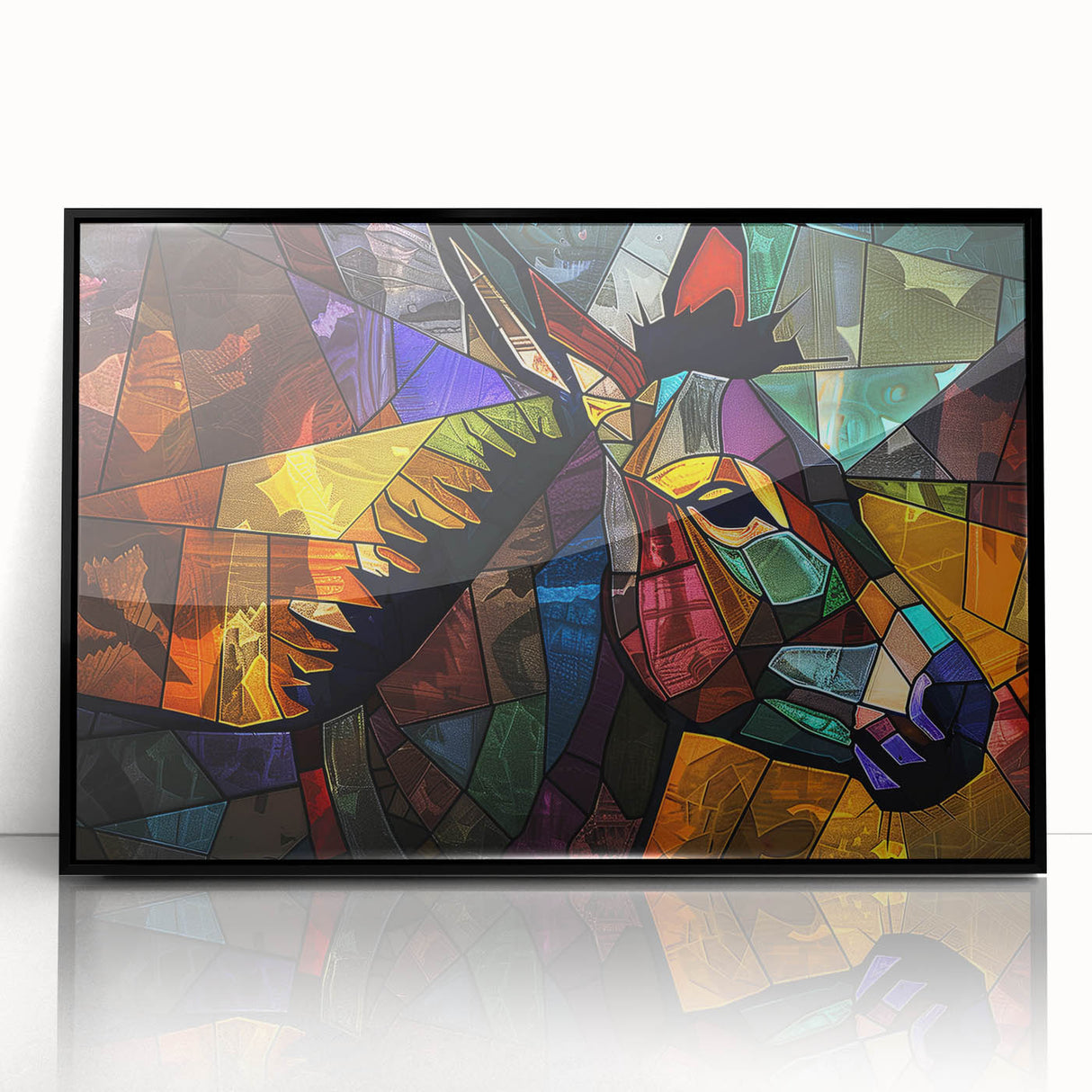 Framed wall art print showcasing a stylized black donkey design, featuring vibrant colors and intricate details, perfect for animal lovers and modern decor.