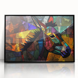 Framed wall art print showcasing a stylized black donkey design, featuring vibrant colors and intricate details, perfect for animal lovers and modern decor.