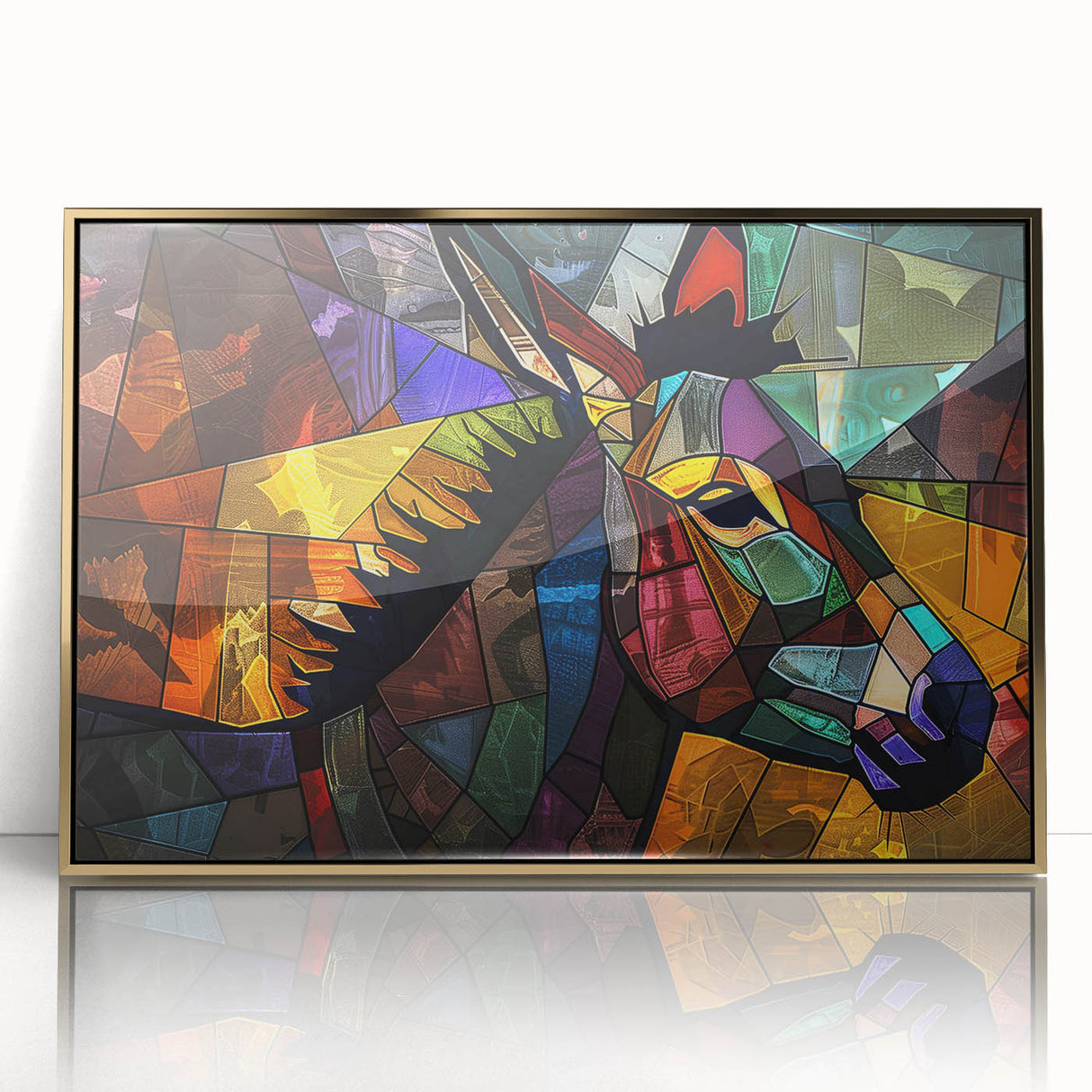 Framed acrylic wall art featuring a striking gold donkey design, showcasing intricate details and vibrant colors, perfect for animal lovers and home decor enthusiasts.