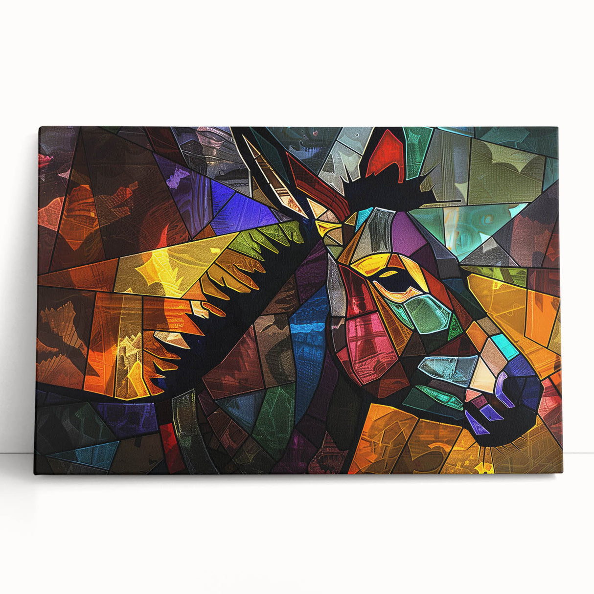 Stretched canvas wall art featuring a whimsical donkey design, showcasing vibrant colors and intricate details, perfect for animal lovers and home decor enthusiasts.