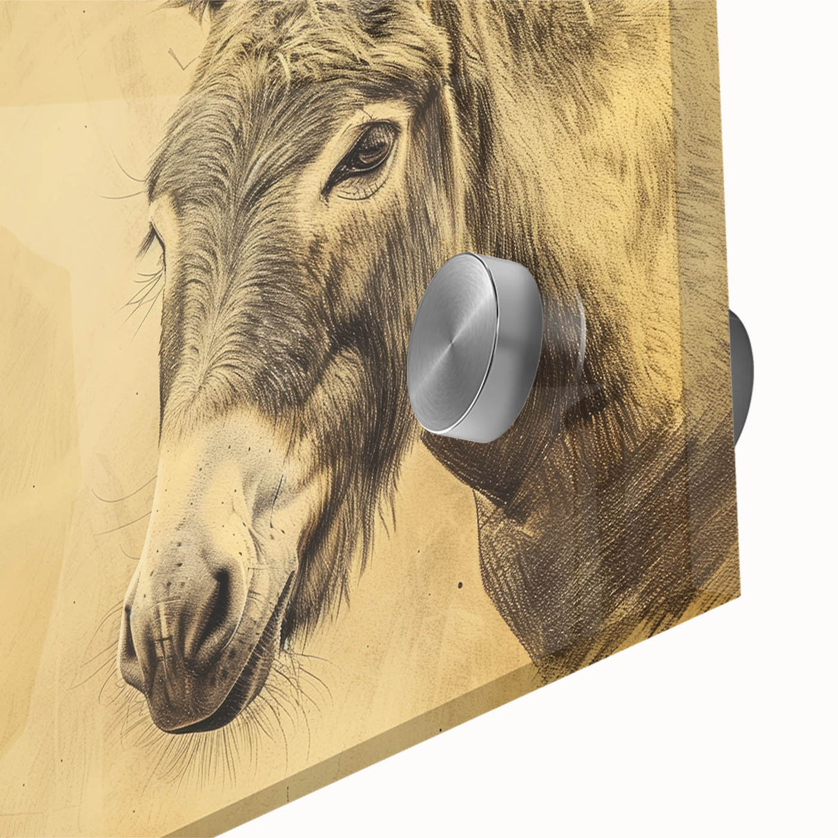 Close-up of a vibrant donkey wall art design on acrylic glass, showcasing intricate details and colors, ideal for animal lovers and modern decor enthusiasts.