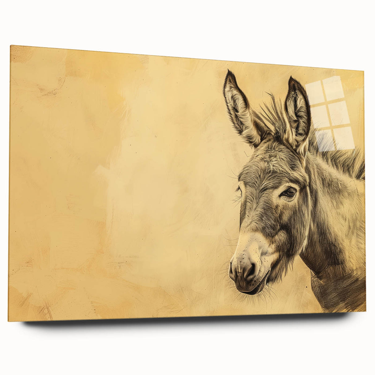 Acrylic glass wall art featuring a charming donkey design from the "Animals A Wild Life" collection, showcasing vibrant colors and a side view for a playful decor touch.