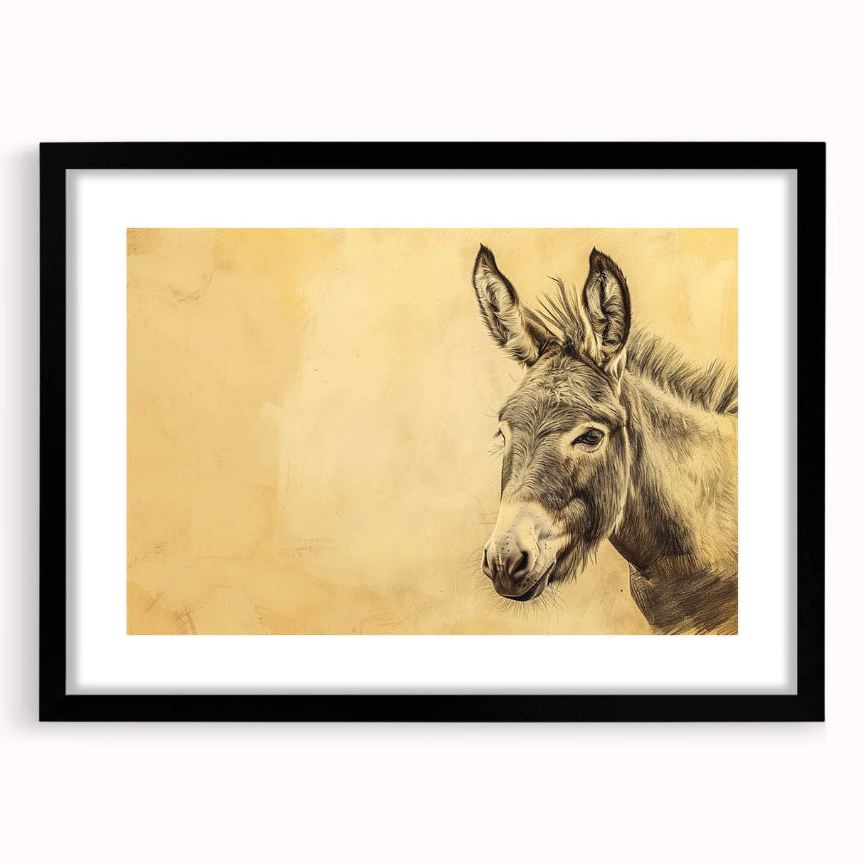 Framed wall art showcasing a whimsical donkey design in a black frame with a mat, perfect for animal-themed decor, enhancing any space with charm.