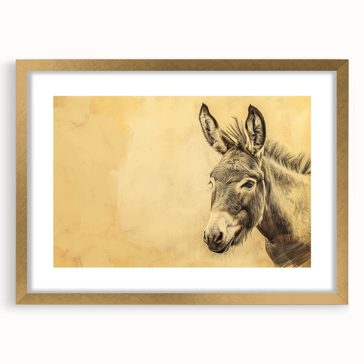 Gold-framed wall art featuring a whimsical donkey design, with a white mat and vibrant colors, perfect for adding a playful touch to home decor.