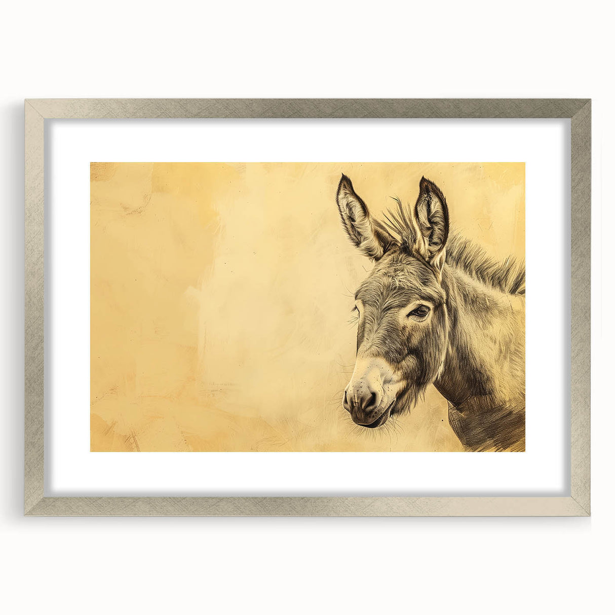 Framed wall art featuring a whimsical donkey design in a silver frame, complemented by a white mat, perfect for adding charm to any room decor. This unique piece captures the playful spirit of wildlife art, making it an eye-catching addition to your home.