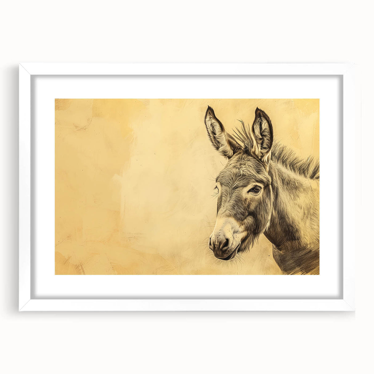 Framed wall art featuring a whimsical donkey design from the "Animals A Wild Life" collection, presented with a white mat, perfect for adding charm and character to any room.