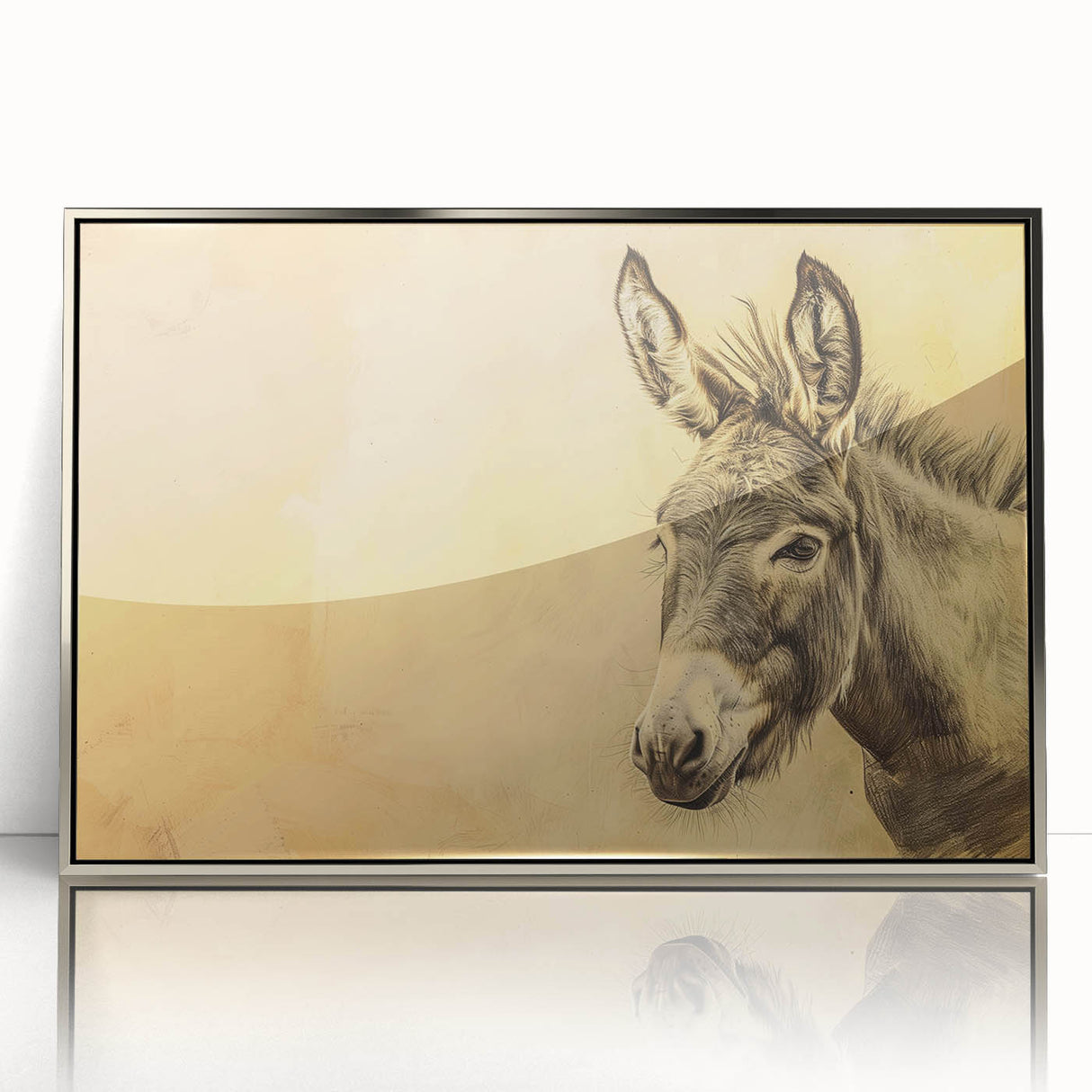 Framed wall art featuring a realistic donkey design, showcased in an elegant silver frame, perfect for animal lovers and nature-themed decor. The acrylic front enhances the vibrant colors, making it a standout piece for any room.