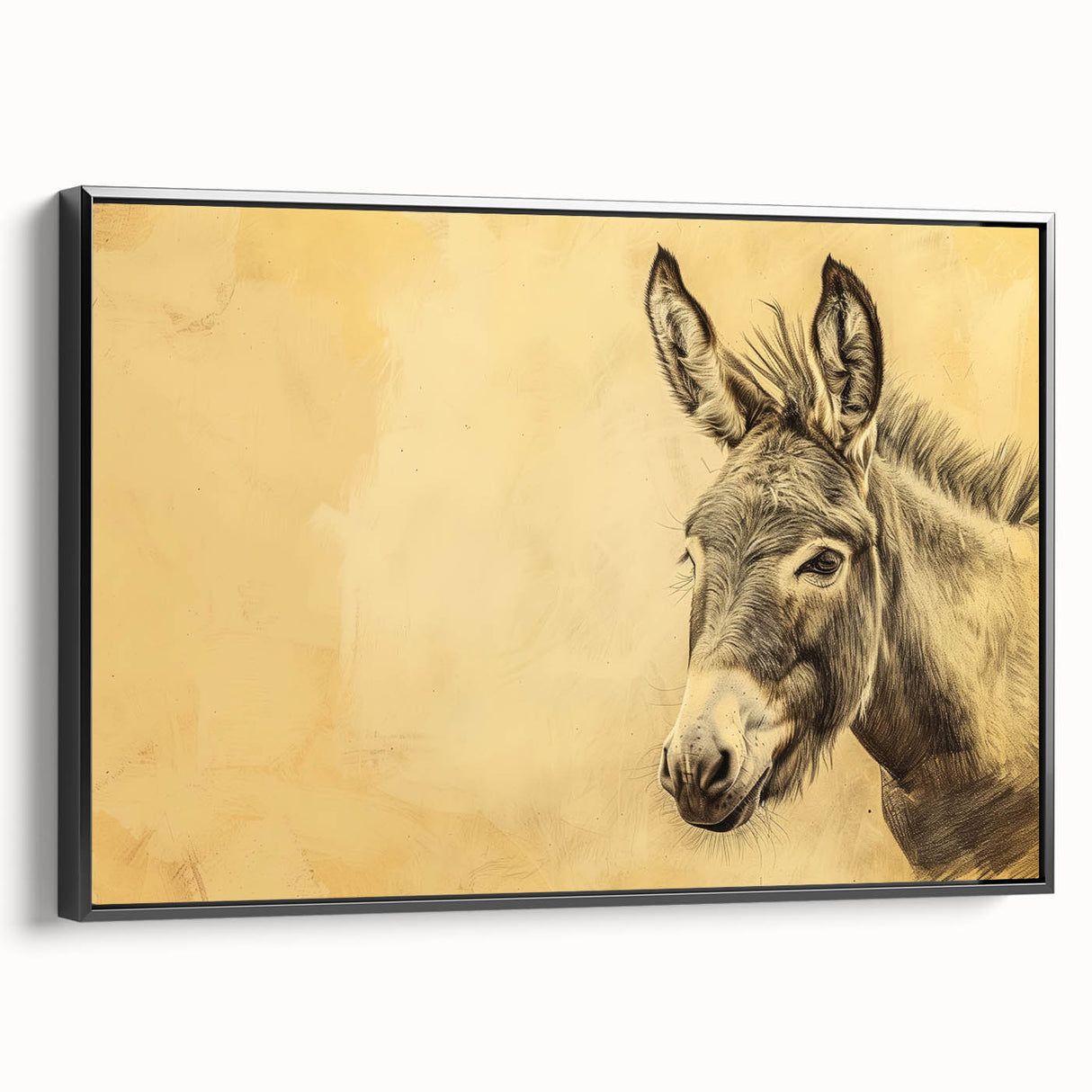 Framed canvas wall art featuring a side view of a donkey design, showcasing intricate details in black and white, perfect for animal lovers and home decor enthusiasts.
