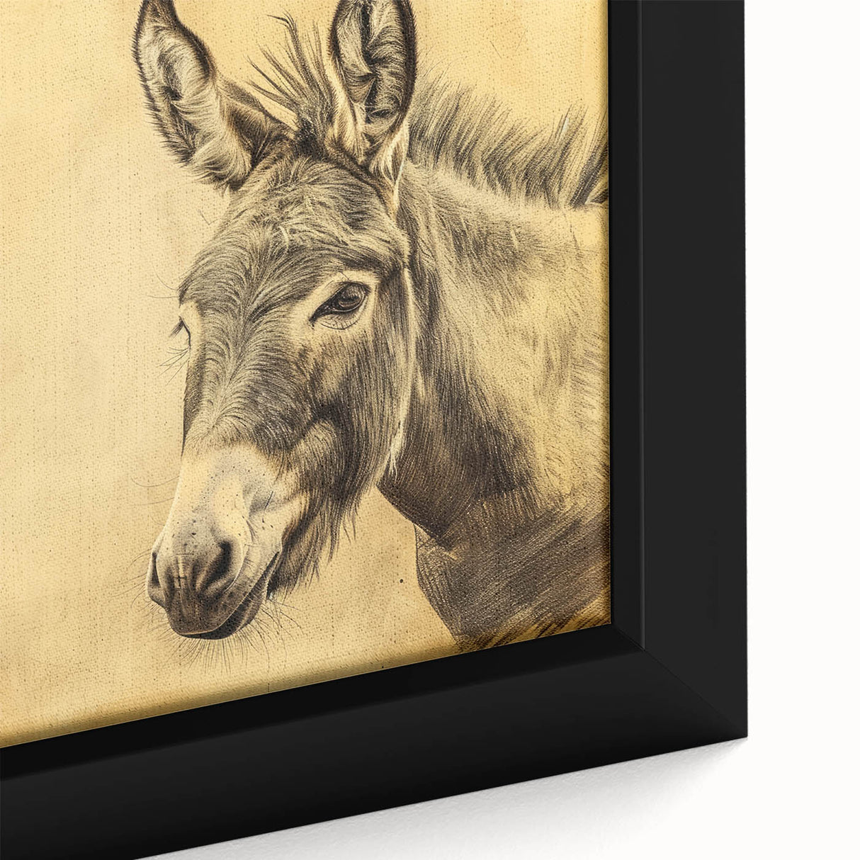 Close-up of a framed canvas wall art featuring a detailed donkey design from the "Animals of the Wild" collection, showcasing vibrant colors and textures suitable for animal lovers and home decor enthusiasts.