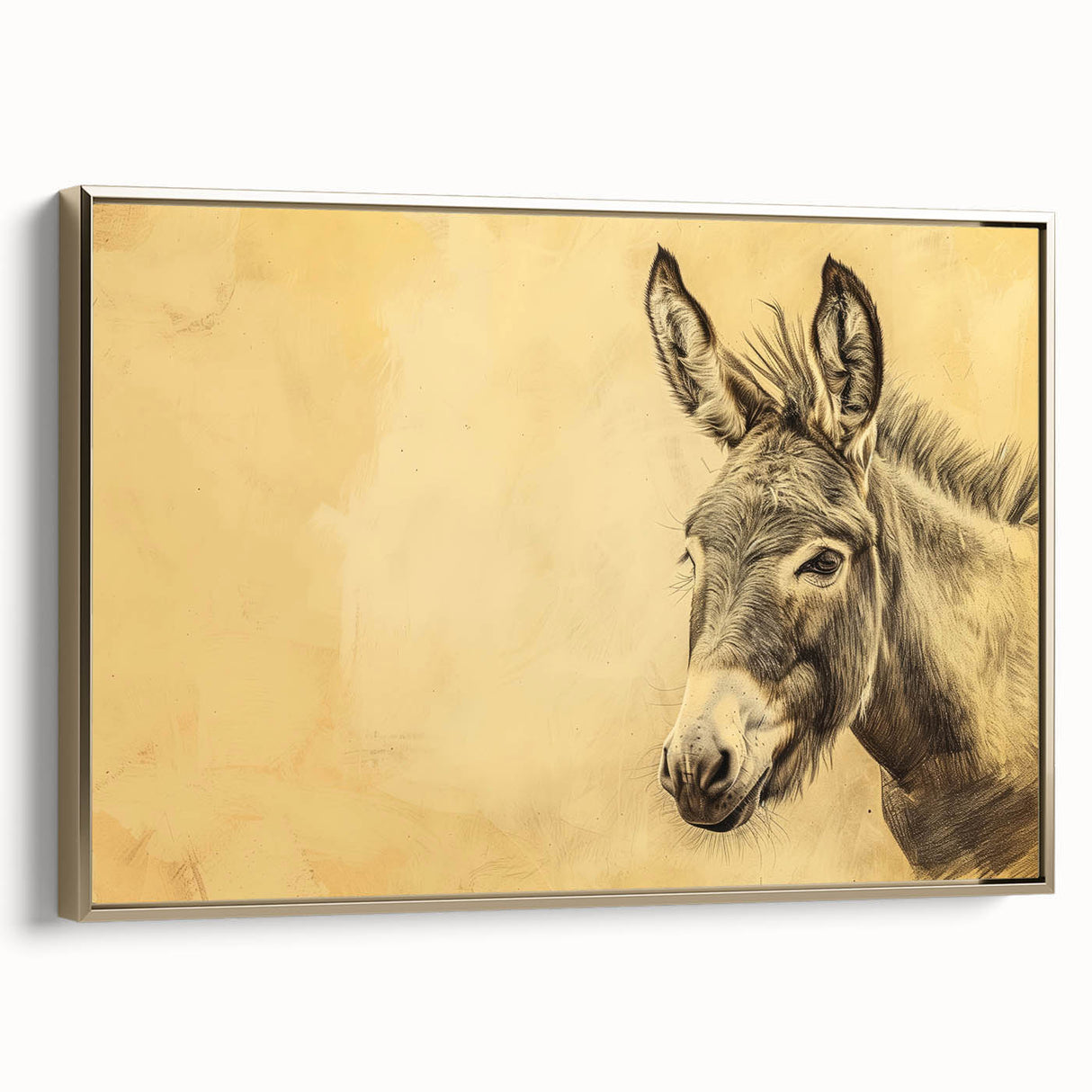 Framed wall art featuring a side view of a donkey design from the "Animals: A Wild Life" collection, with a gold frame accentuating the canvas texture.