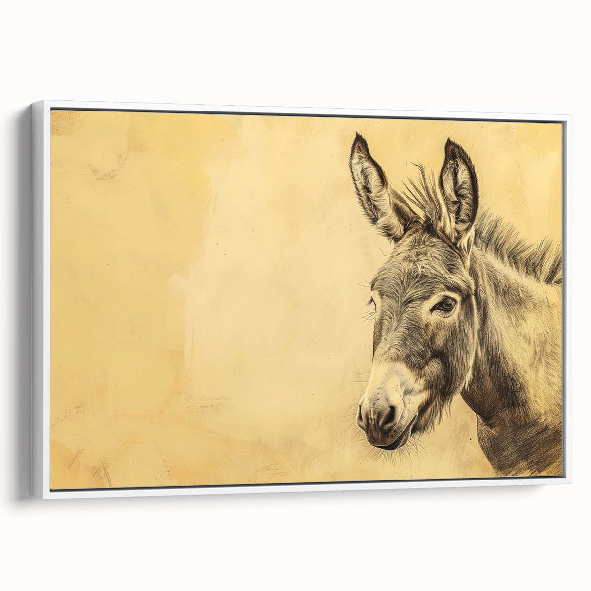Framed canvas wall art featuring a side view of a donkey design, showcasing earthy tones and intricate details, perfect for animal lovers and home decor enthusiasts.
