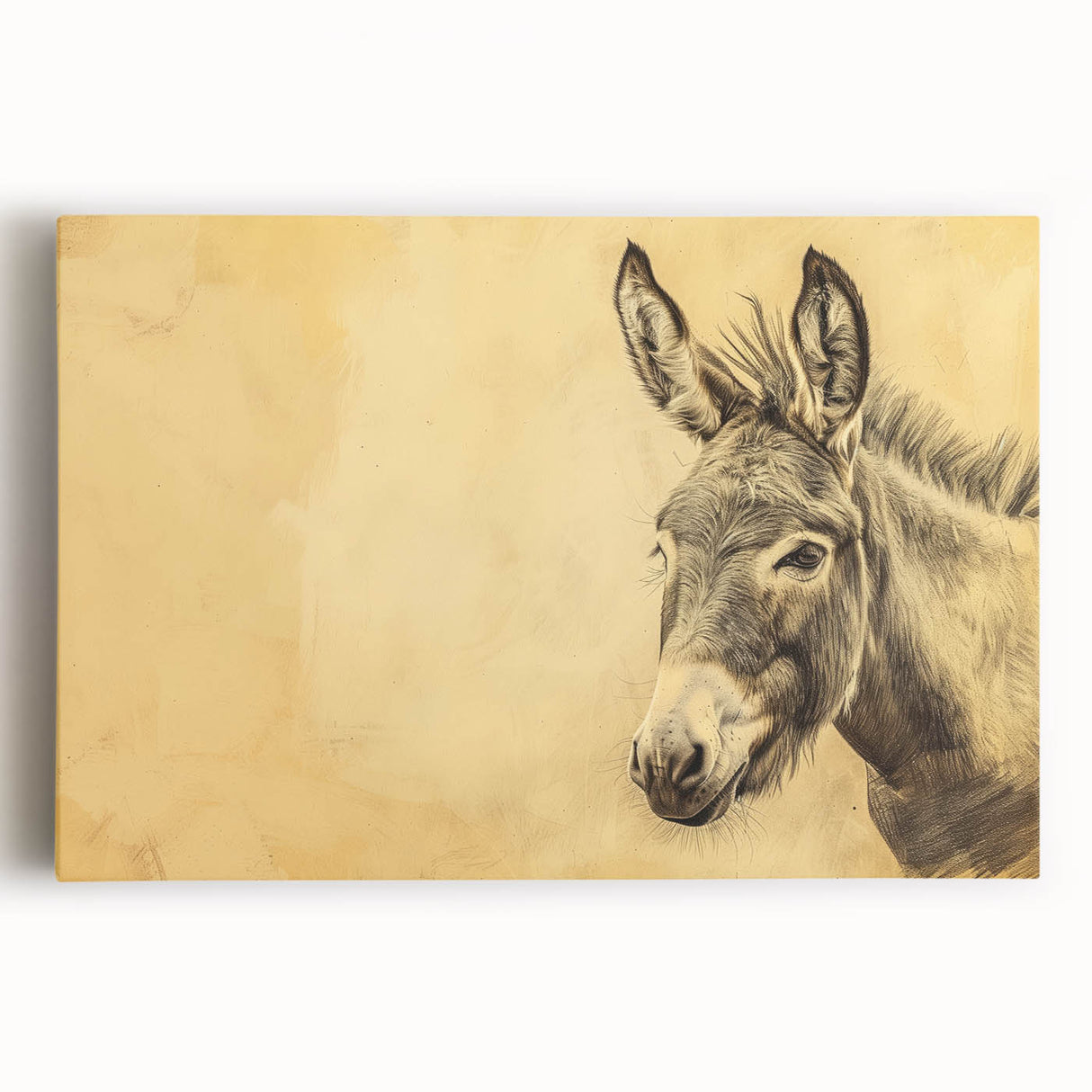 Stretched canvas wall art showcasing a vibrant donkey design in a whimsical style, featuring earthy colors and intricate details, perfect for animal lovers' decor.
