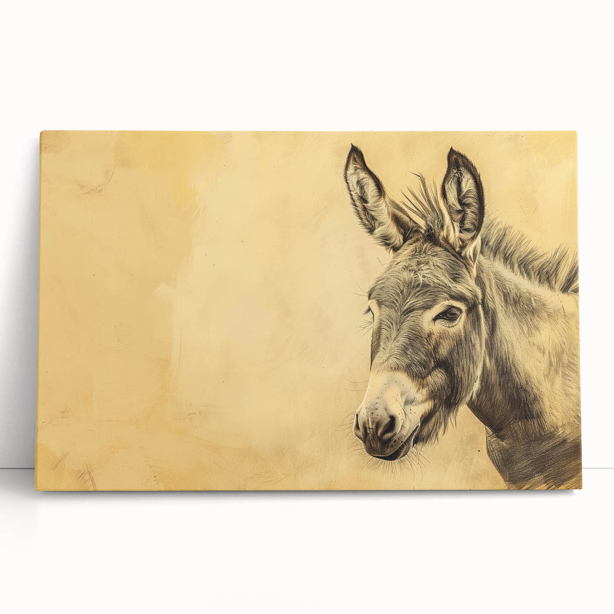 Stretched canvas wall art featuring a whimsical donkey design with vibrant colors, perfect for animal lovers and home decor enthusiasts. Ideal for adding a playful touch to any space.