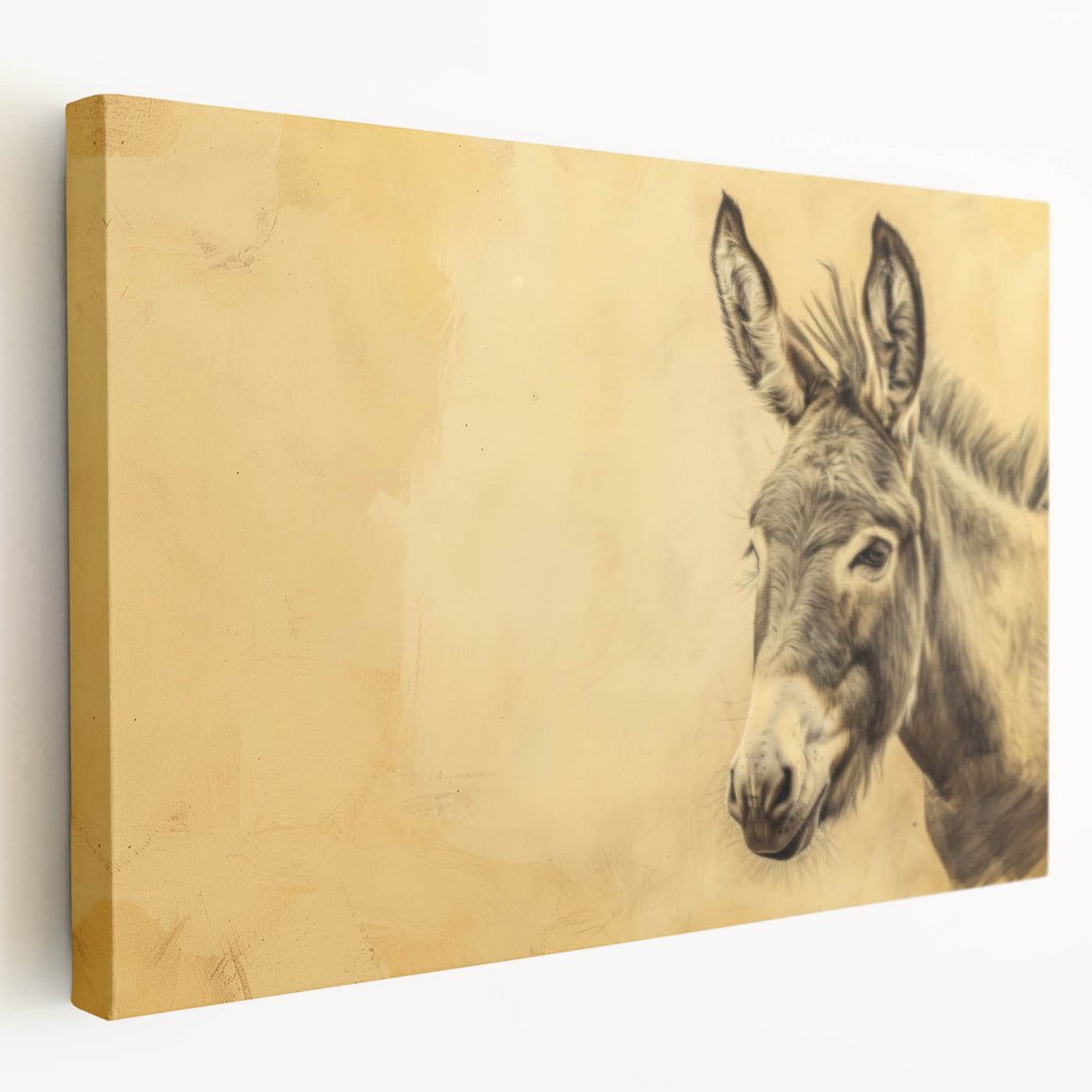 Stretched canvas wall art featuring a detailed side view of a donkey, showcasing its textured fur and natural colors, perfect for animal lovers and home decor.