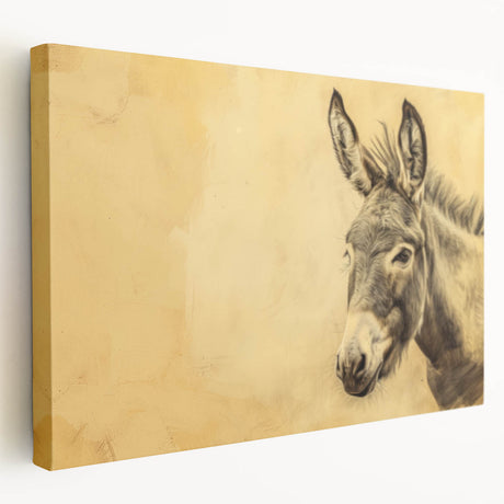 Stretched canvas wall art featuring a detailed side view of a donkey, showcasing its textured fur and natural colors, perfect for animal lovers and home decor.