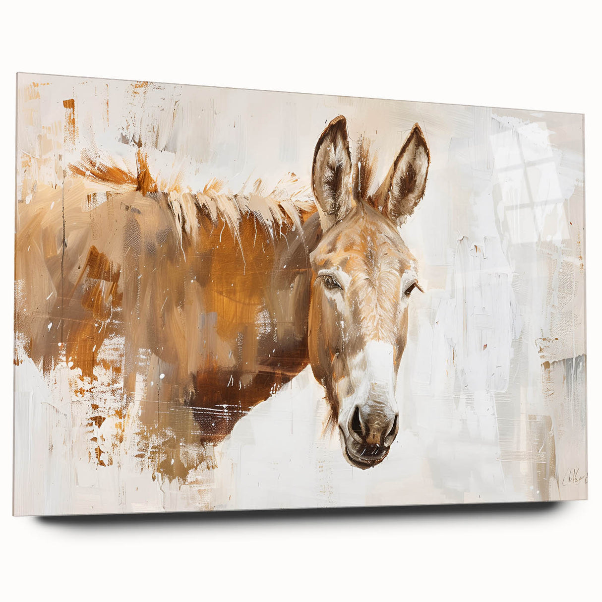 Side view of a sleek acrylic glass wall art piece featuring a whimsical donkey design, perfect for animal lovers, enhancing home decor with vibrant colors.