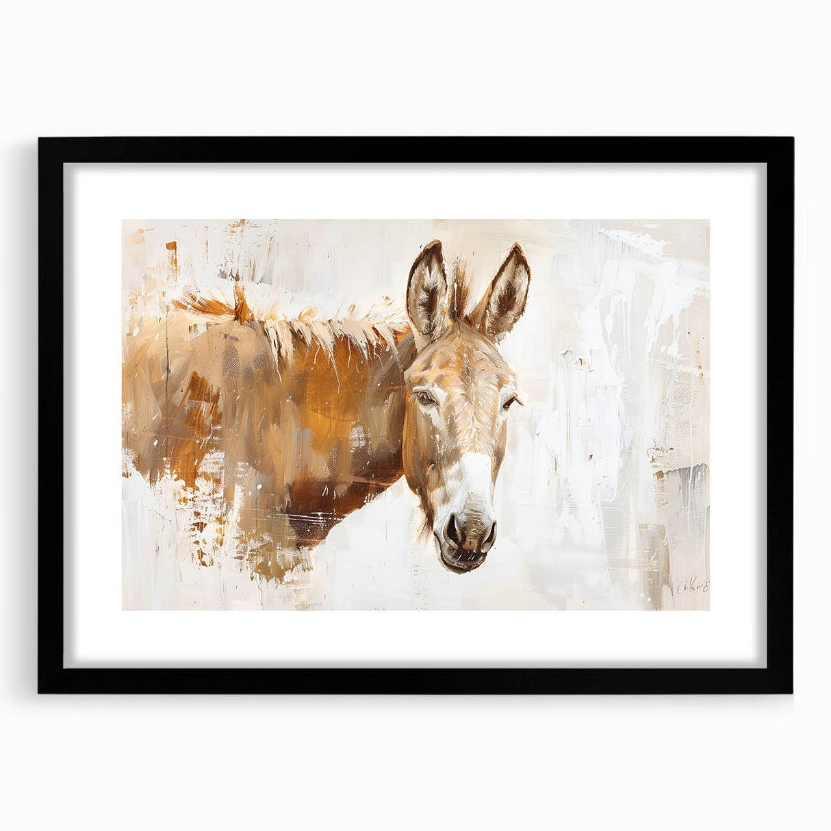 Black-framed wall art featuring a whimsical donkey design from the "Animals: A Wild Life" collection, showcasing vibrant colors and intricate details. Perfect for animal lovers decorating their home or office space.