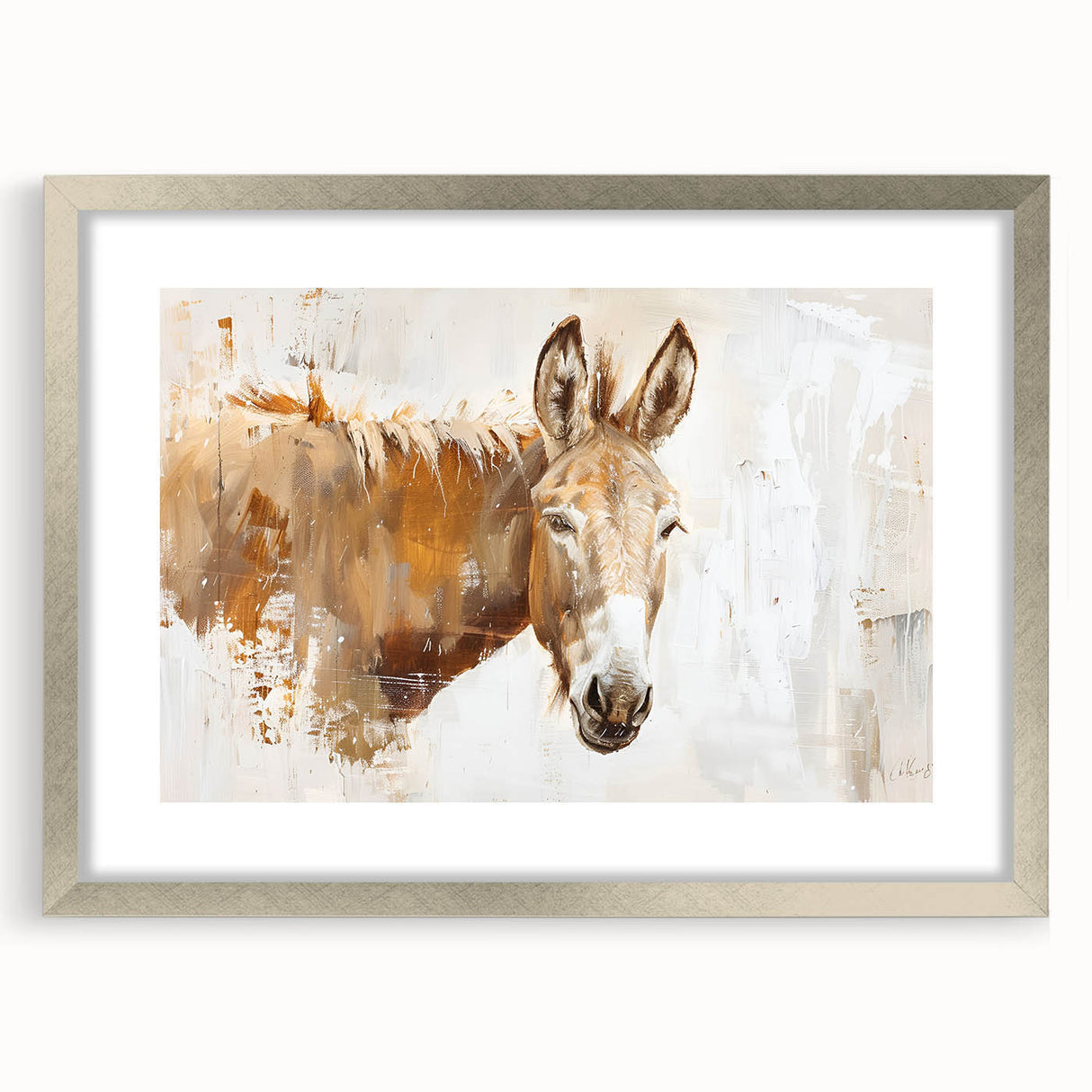 Framed wall art featuring a donkey design from the "Animals A Wild Life" collection, displayed in a sleek silver frame with a mat, perfect for home decor.