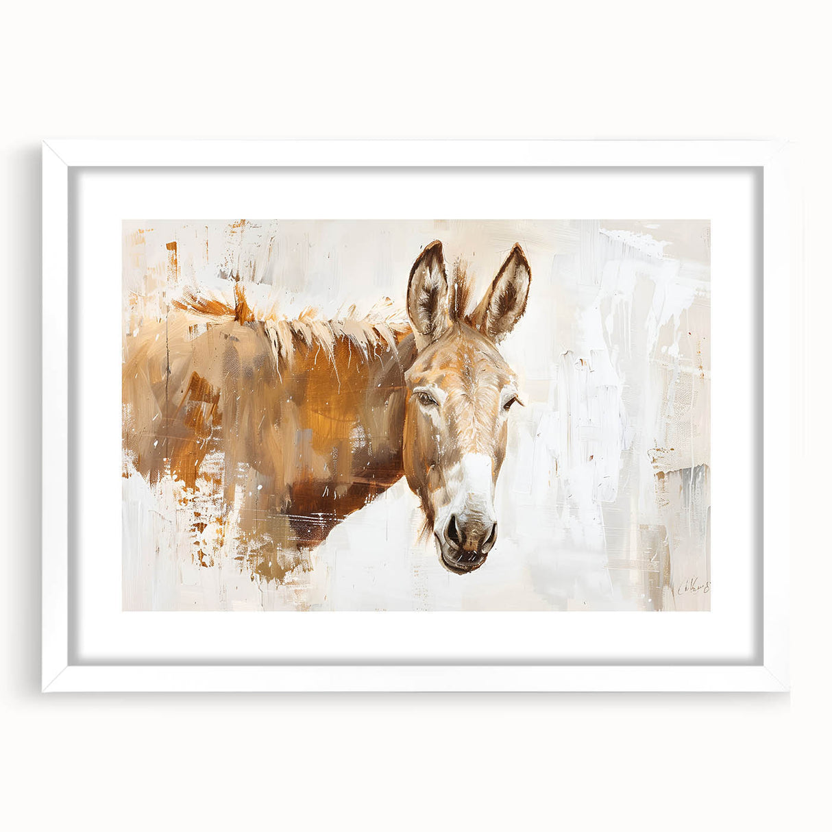 Framed wall art featuring a whimsical donkey design from the "Animals: A Wild Life" collection, set against a white mat and sleek frame, perfect for home decor.