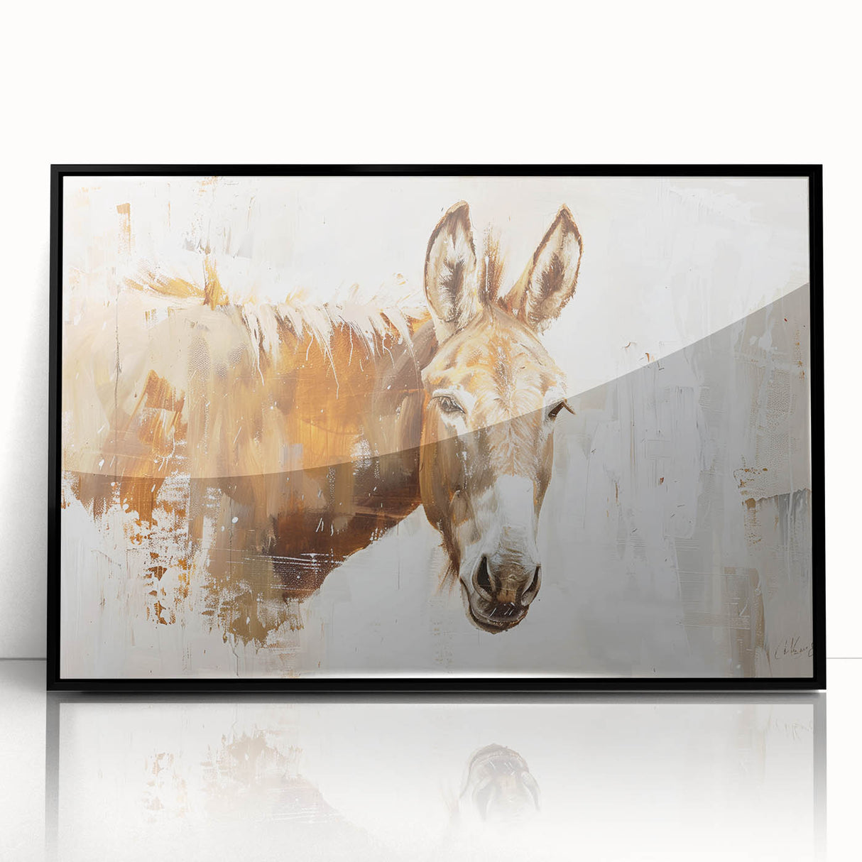 Framed wall art featuring a striking donkey design in a black acrylic frame, showcasing intricate details and vibrant colors, perfect for animal lovers and home decor.