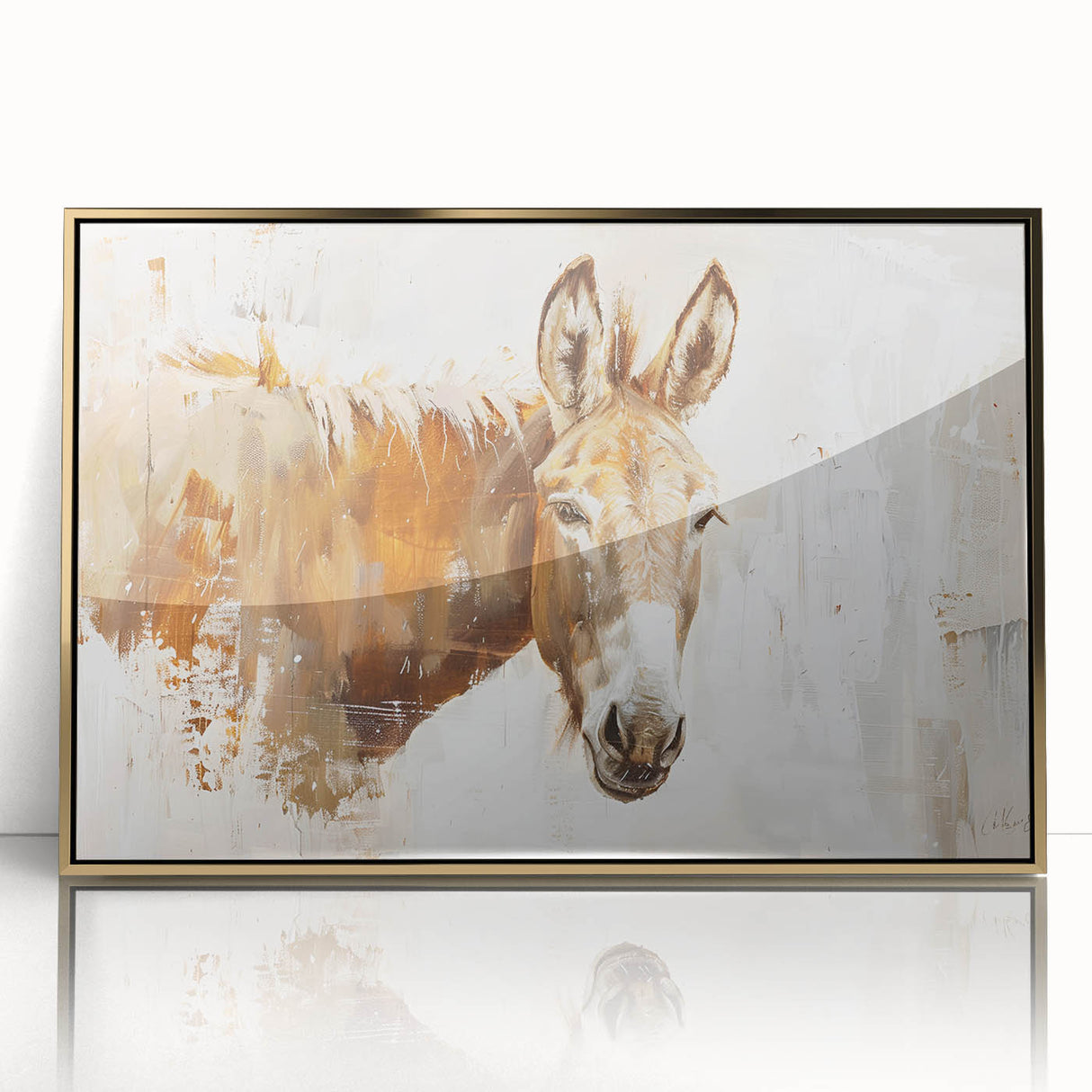 Framed wall art featuring a detailed donkey design with a gold-acrylic finish, showcasing vibrant colors and intricate details, perfect for animal lovers and modern decor.