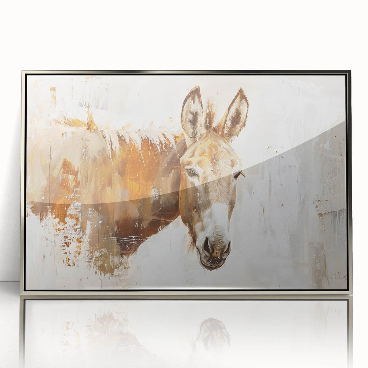 Framed wall art featuring a stylish donkey design in silver acrylic, showcasing intricate details and vibrant colors, perfect for enhancing modern home decor.