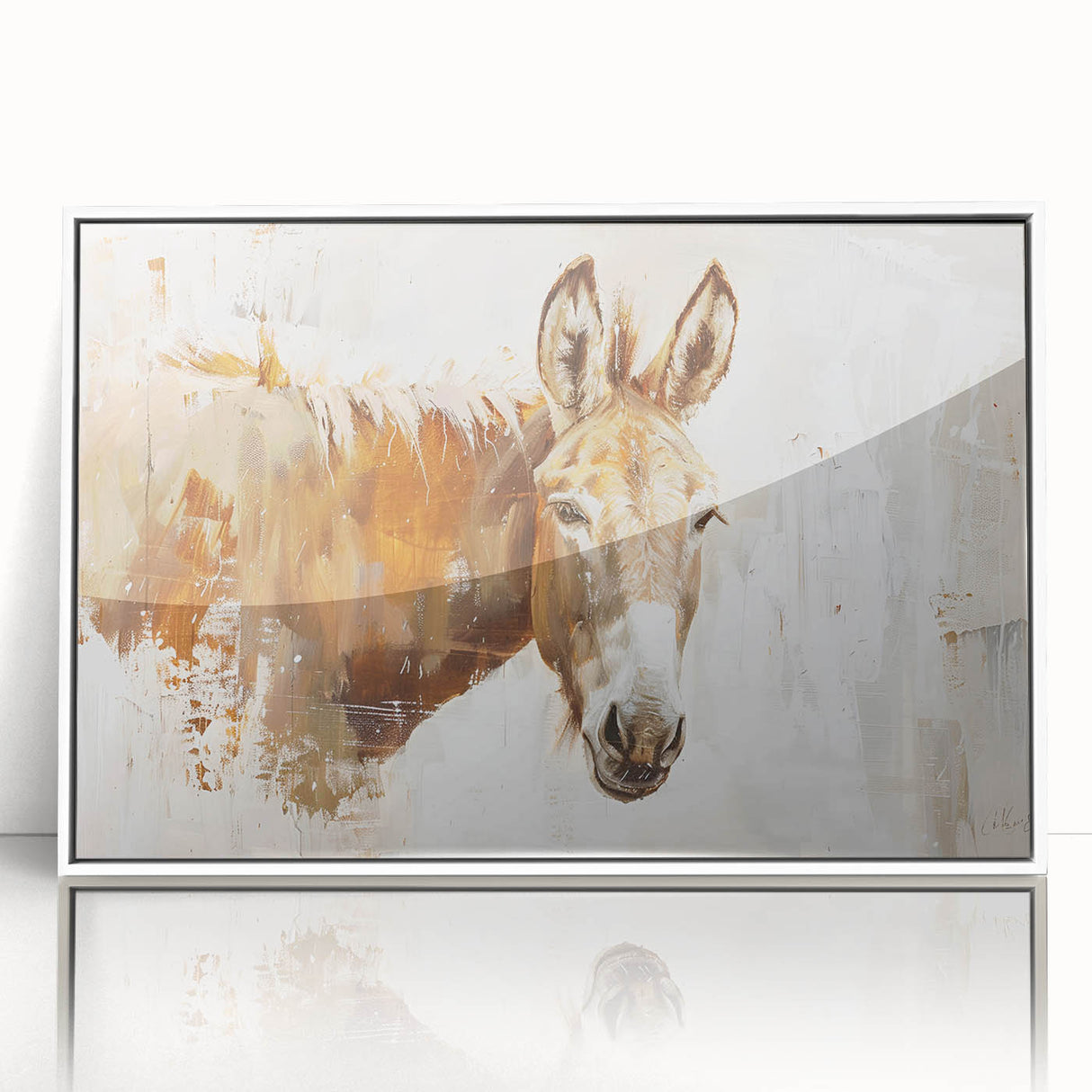 Framed wall art featuring a stylized donkey design in vibrant colors, set against a white background, perfect for animal lovers and modern decor enthusiasts.