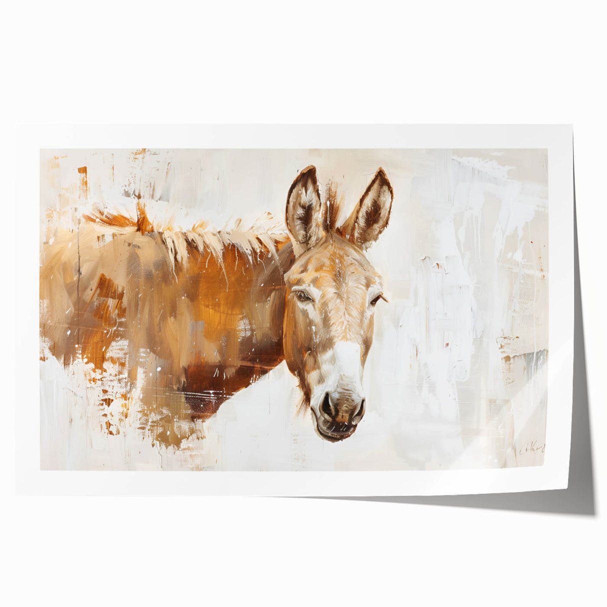 Donkey-themed wall art print showcasing a vibrant design with detailed textures and earthy tones, rolled and ready for framing, perfect for animal lovers' decor.