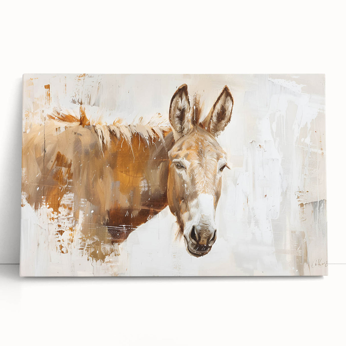 Stretched canvas wall art featuring a whimsical donkey design from the "A Wild Life" collection, showcasing vibrant colors and playful details, perfect for animal lovers.