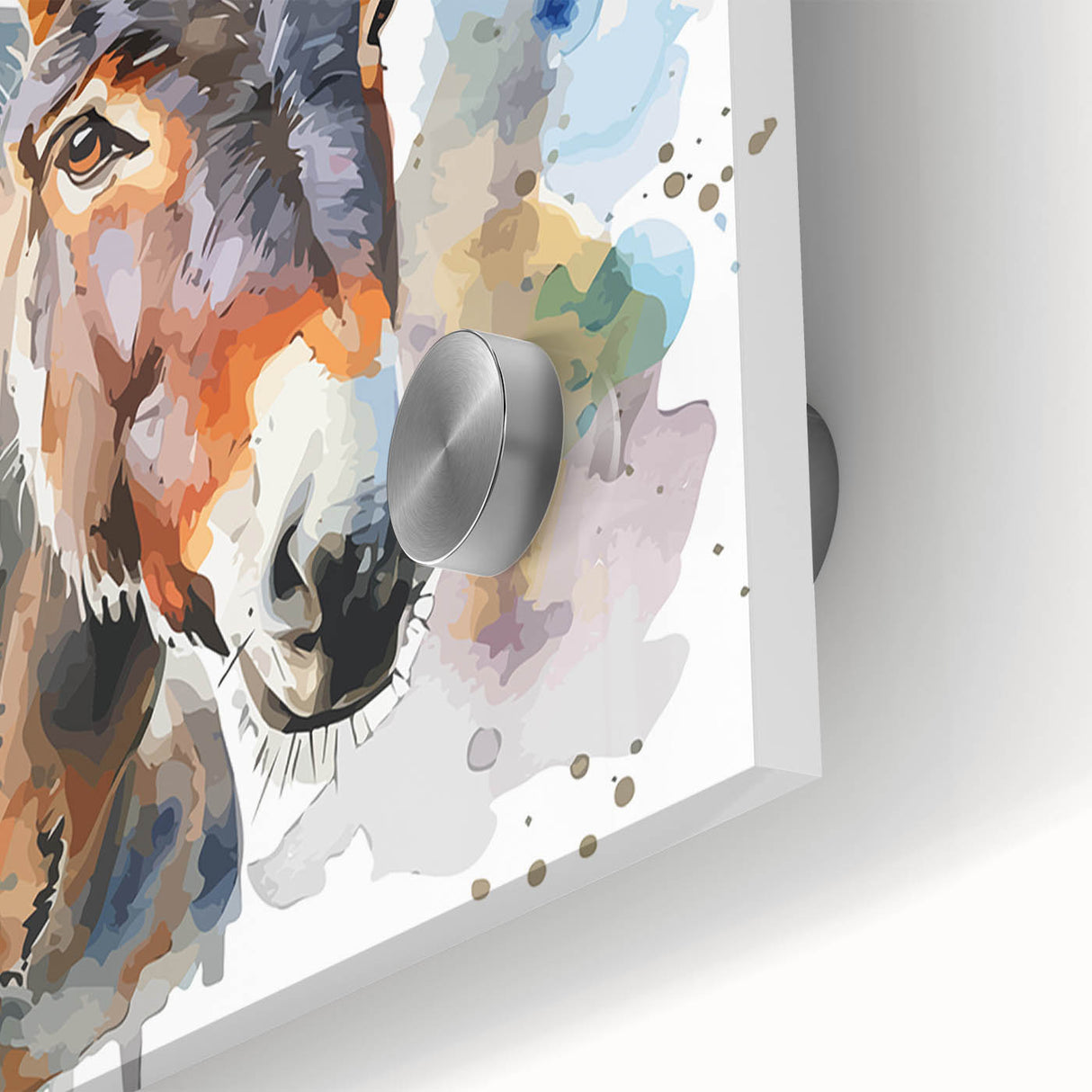 Close-up of a vibrant acrylic glass wall art piece showcasing a donkey design, highlighting intricate details and textures, ideal for animal lovers and home decor enthusiasts.