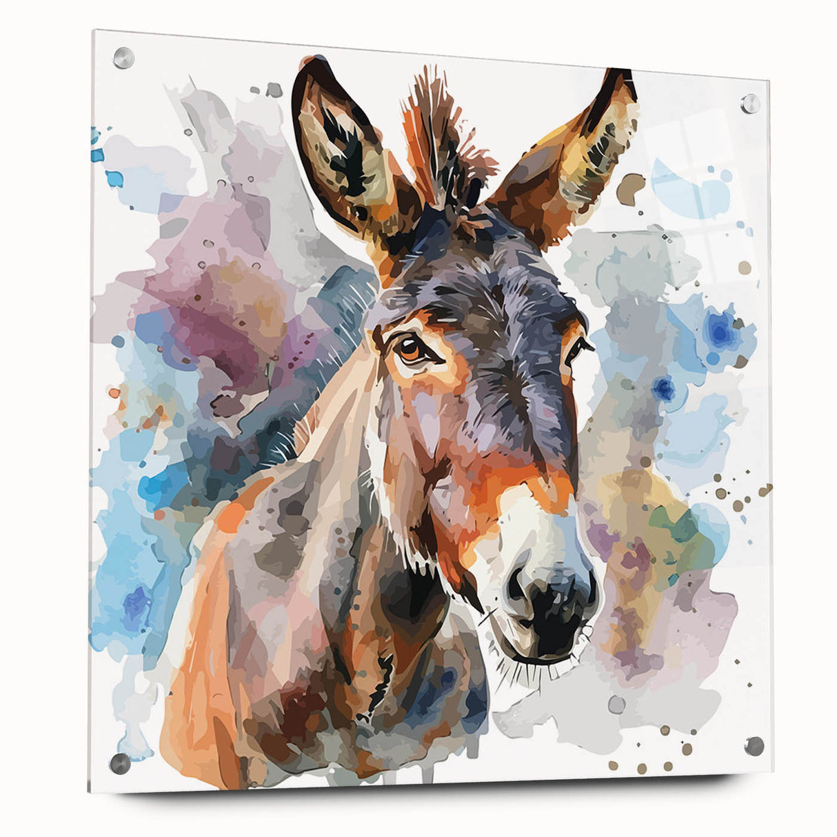 Acrylic wall art piece featuring a side view of a whimsical donkey design, showcasing vibrant colors and intricate details, perfect for animal lovers’ decor.