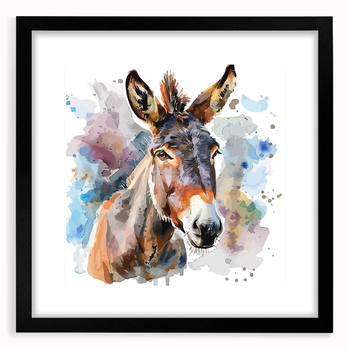 Framed wall art featuring a whimsical donkey design in a black frame, showcasing vibrant colors and intricate details, perfect for animal lovers and home decor enthusiasts.