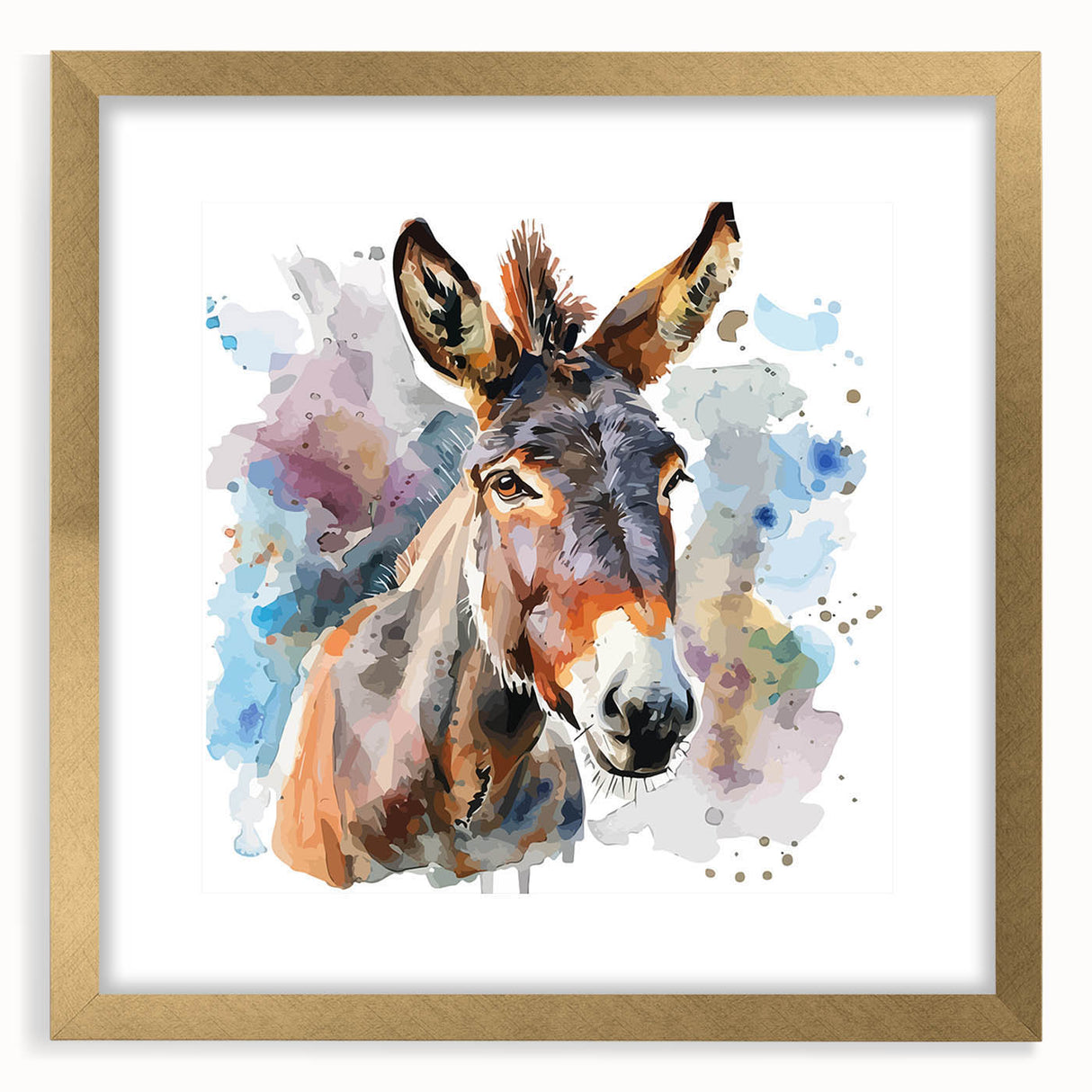 Framed wall art featuring a stylish donkey design with gold accents, set against a neutral background, perfect for animal lovers and modern decor enthusiasts.