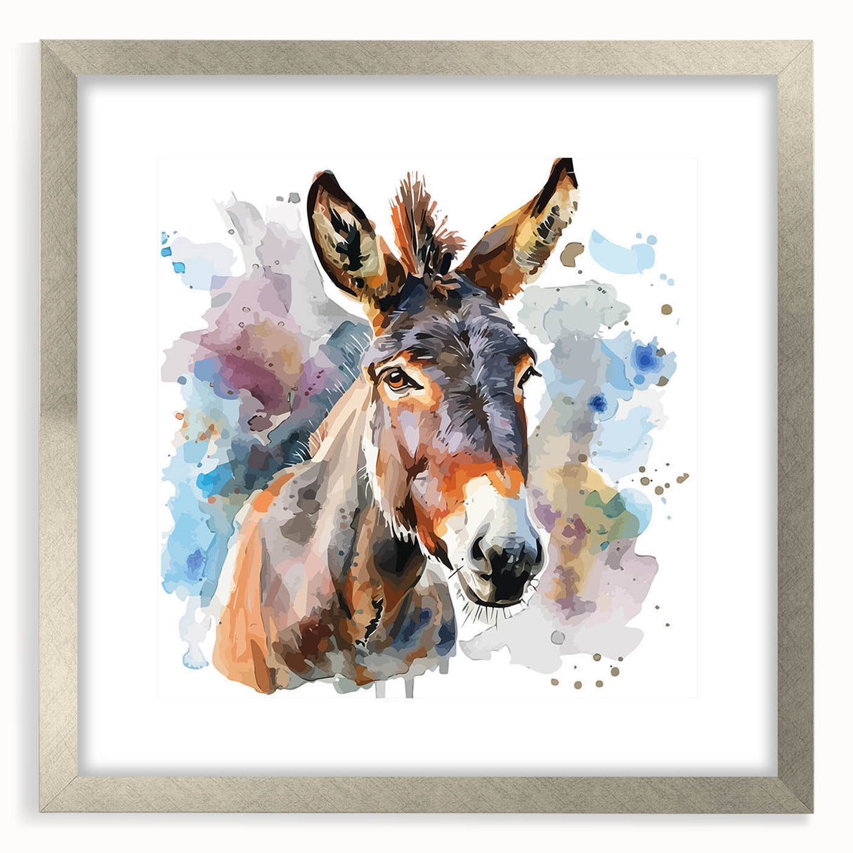 Framed wall art featuring a silver mat and a charming donkey design, showcasing vibrant colors and intricate details, perfect for adding a whimsical touch to home decor.