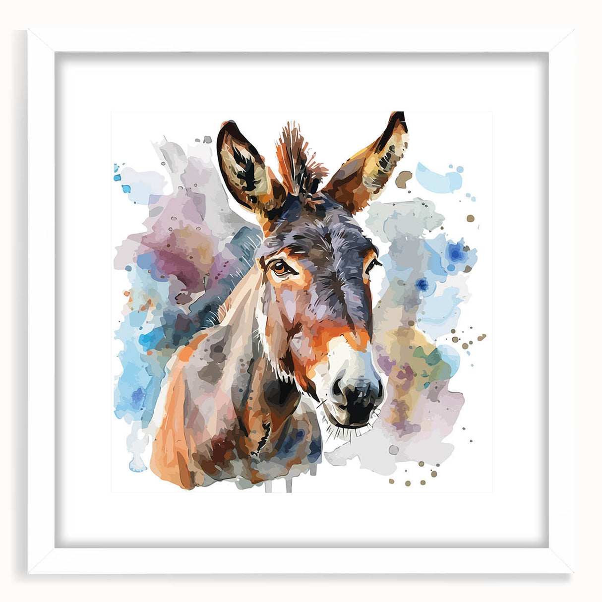 Framed wall art showcasing a whimsical donkey design from the "Animals A Wild Life" collection, featuring a white mat and a sleek frame, perfect for animal lovers.