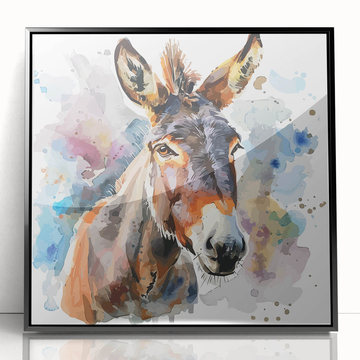 Framed wall art featuring a black acrylic design of a donkey, showcasing intricate details and vibrant colors, perfect for modern home decor.