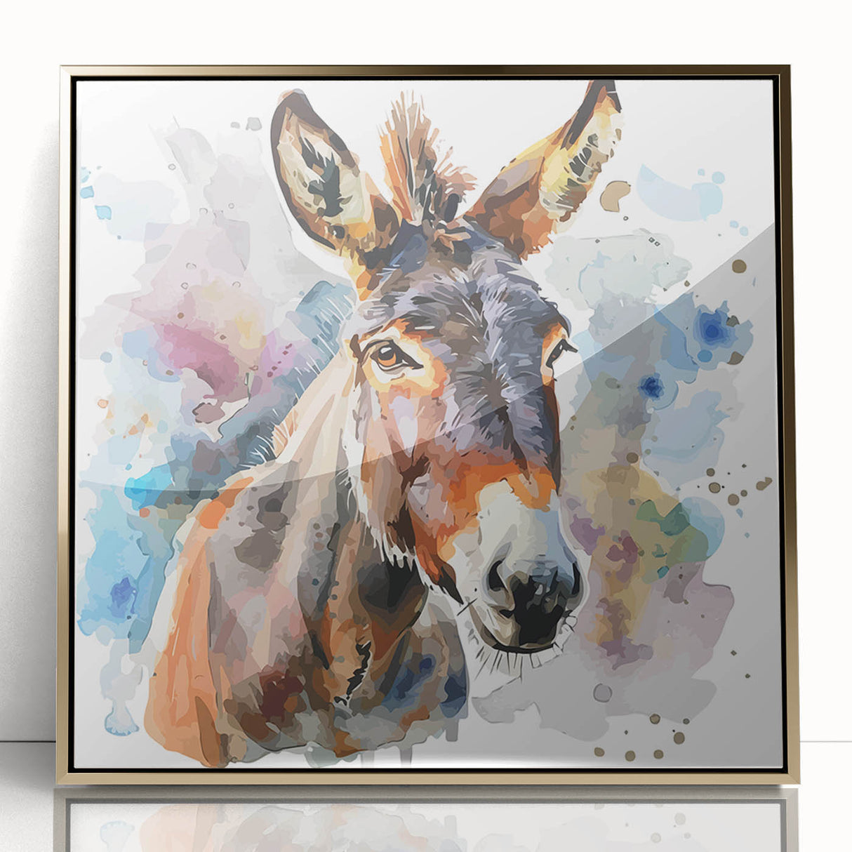 Framed wall art featuring a striking donkey design from the "Animals A Wild Life" collection, showcasing a gold acrylic front. Perfect for animal lovers and modern decor.