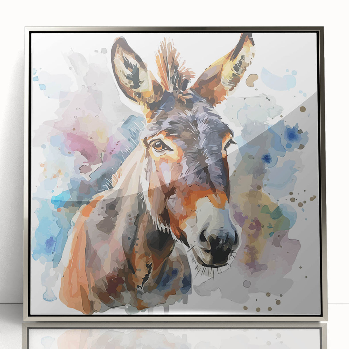 Framed wall art featuring a striking donkey design from the 'A Wild Life' collection, displayed in a sleek silver frame, ideal for animal lovers and home decor enthusiasts.