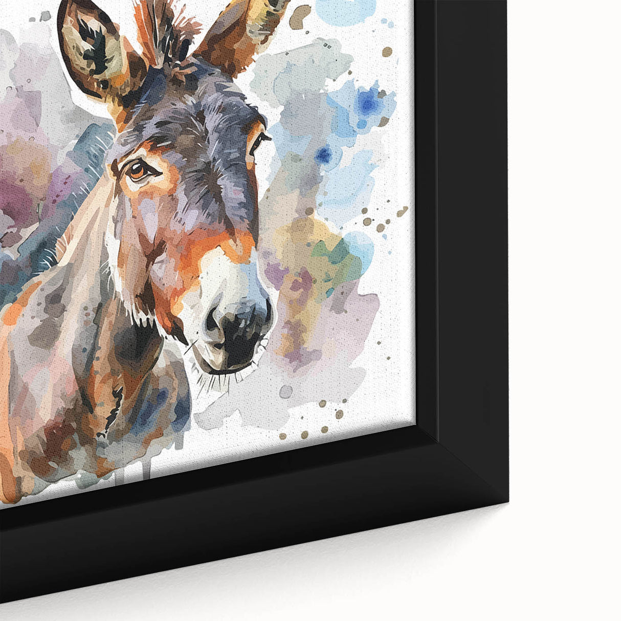Close-up of a framed canvas wall art featuring a donkey design in a wild animal theme, showcasing vibrant colors and intricate details, perfect for nature lovers.