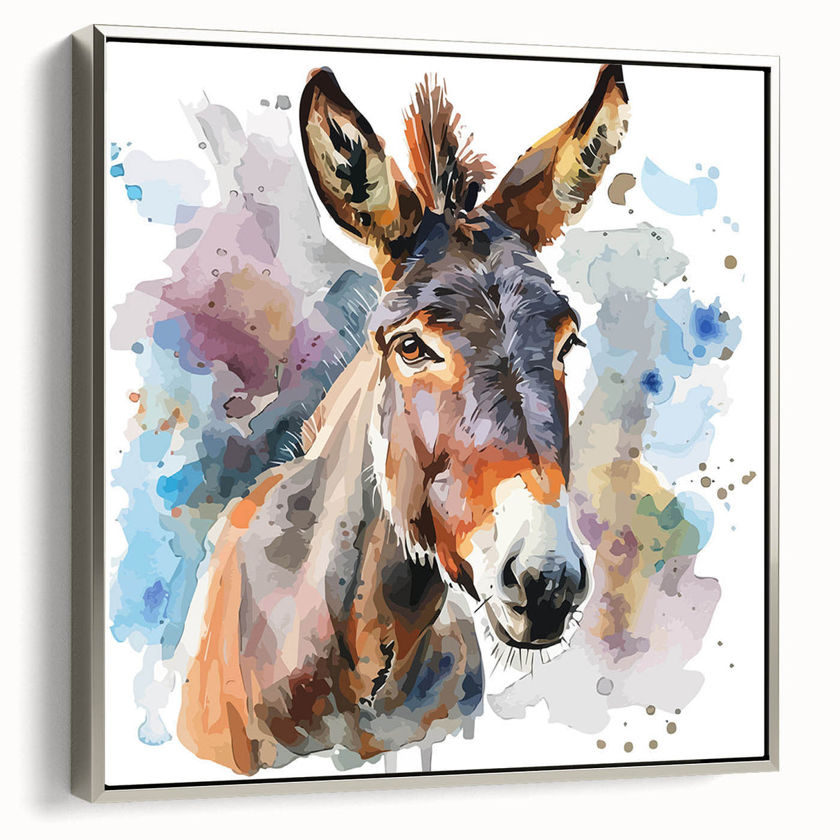 Framed canvas wall art featuring a detailed silver donkey design, showcasing intricate textures and a vibrant color palette, perfect for animal lovers and modern decor.