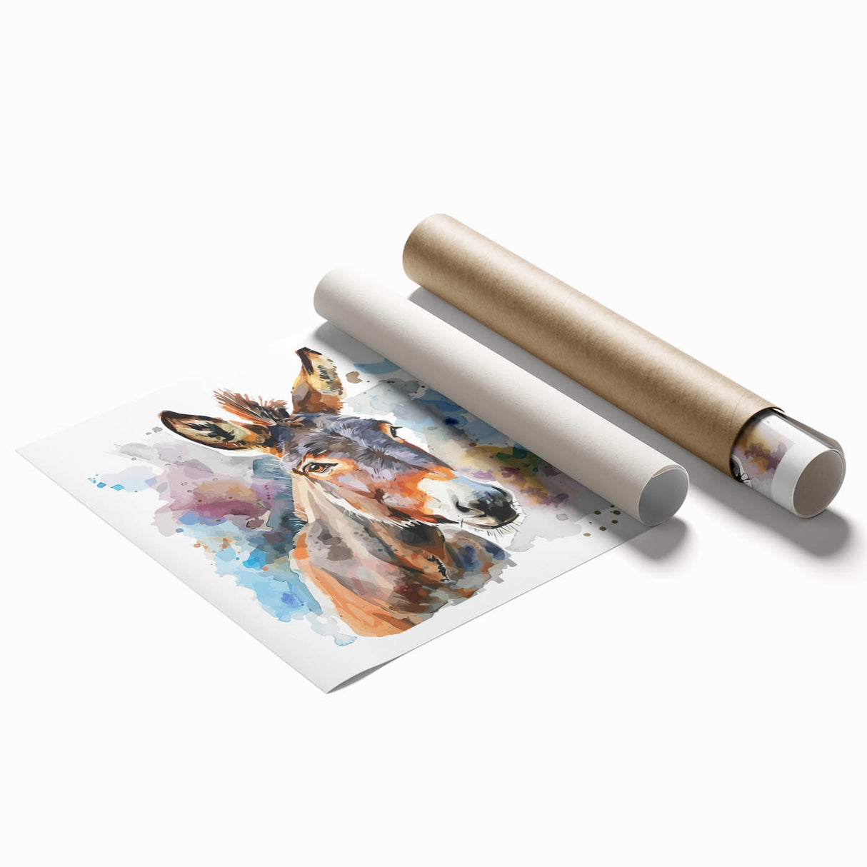 Rolled print showcasing a whimsical donkey design with vibrant colors, ideal for animal-themed decor. Perfect for adding a playful touch to home interiors.