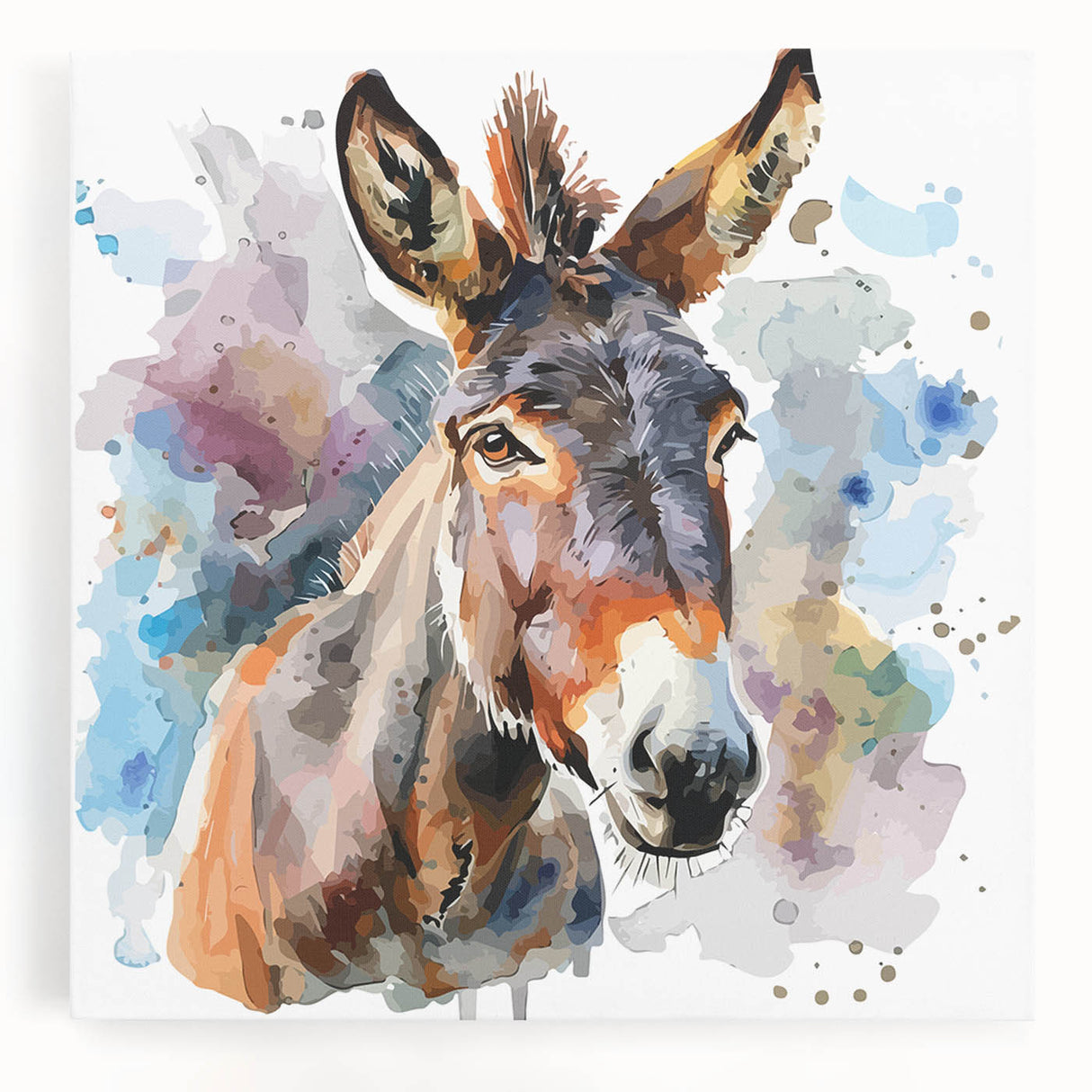 Vibrant stretched canvas artwork depicting a whimsical donkey design, showcasing intricate details and vivid colors, perfect for adding charm to any room.