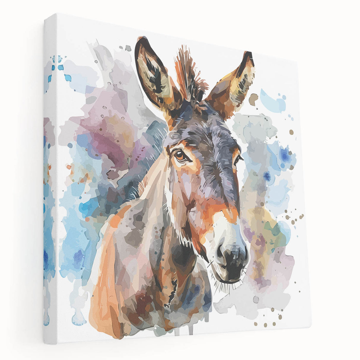 Side view of a stretched canvas wall art featuring a whimsical donkey design, showcasing vibrant colors and intricate details, perfect for animal lovers and home decor enthusiasts.