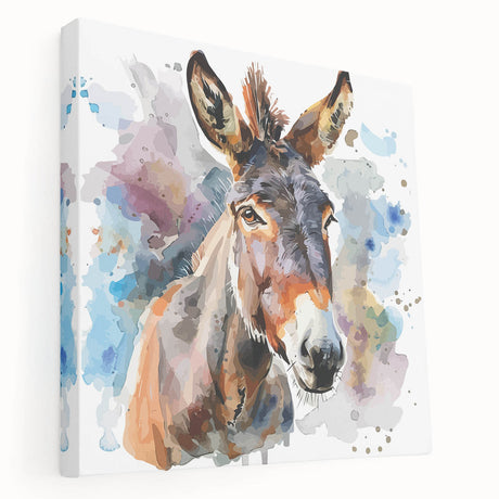 Side view of a stretched canvas wall art featuring a whimsical donkey design, showcasing vibrant colors and intricate details, perfect for animal lovers and home decor enthusiasts.