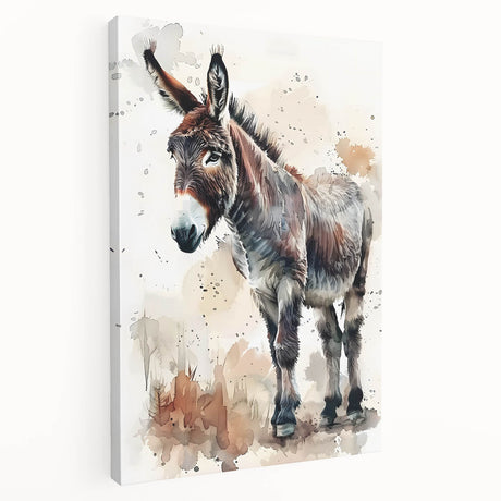 Side view of a stretched canvas wall art featuring a whimsical donkey design, showcasing vibrant colors and intricate details, perfect for animal lovers and home decor.