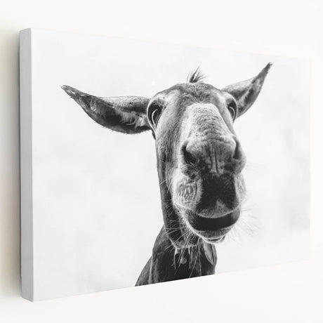 Stretched canvas wall art featuring a realistic side view of a donkey in a natural setting, showcasing detailed textures and earthy colors, perfect for animal lovers.