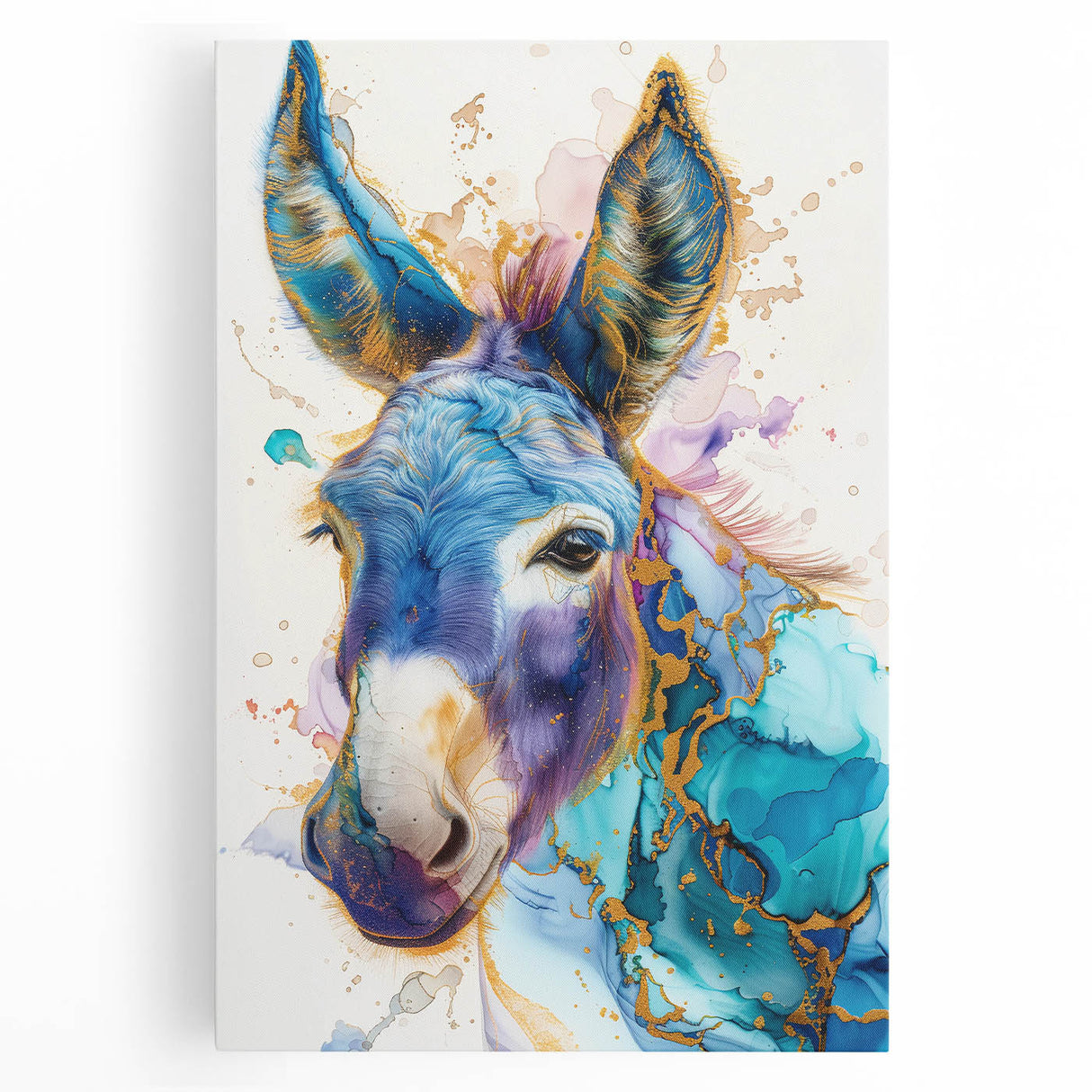 Vibrant stretched canvas wall art featuring a whimsical donkey design, showcasing intricate details and rich colors, perfect for animal lovers and home decor enthusiasts.