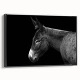 Framed wall art showcasing a side view of a donkey design in a black and white color scheme, ideal for animal lovers and modern decor enthusiasts. Perfect for home or office settings.